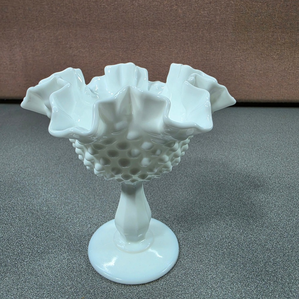 Fenton Hobnail Milk Glass Compote Bowl White Excellent Ruffled Pedestal Dish